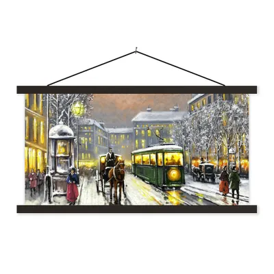 Produktbild von MuchoWow® Textilposter Gemälde - Ölgemälde - Winter - Straßenbahn - Pferd 90x45 cm mit schwarzem Rahmen - Klemmleisten