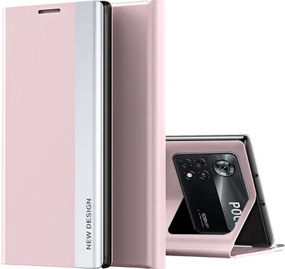Produktbild von Xiaomi Poco X4 Pro 5G Hülle, Leder PolyurethanMagnetisch Klapp Stand Schutzhülle für Xiaomi Poco X4 Pro 5G Rosa