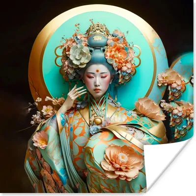 Produktbild von MuchoWow® Poster Frau - Kimono - Blumen - Gold - Porträt 50x50 cm - Wohnzimmerdekoration