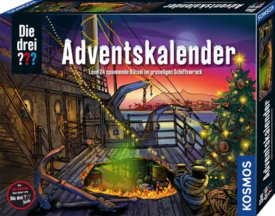 The image shows the front of a board game box for "Die drei Fragezeichen Adventskalender". The artwork depicts a spooky ship wreck with a Christmas tree and an anchor in the foreground.