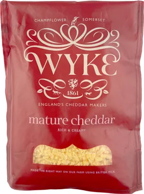 Produktbild von Food-United gereifter YELLOW-CHEDDAR Cheese 180g gerieben Stück von WYKE-FARMS mature english cheddar cheese grated 6 Monate gereift englischer Hartkäse passt zu Gratins Pasta Pizza Nachos Gemüse Aufläufe Dips Saucen