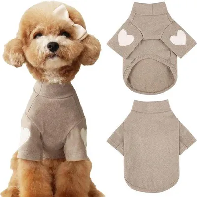 Produktbild von Hunde-T-Shirt mit Herzen-Muster - Warmes T-Shirt für kleine und mittelgroße Hunde, Teddybär- und Chihuahua-Outfit, Schnauzer-Set (braun, Größe S)