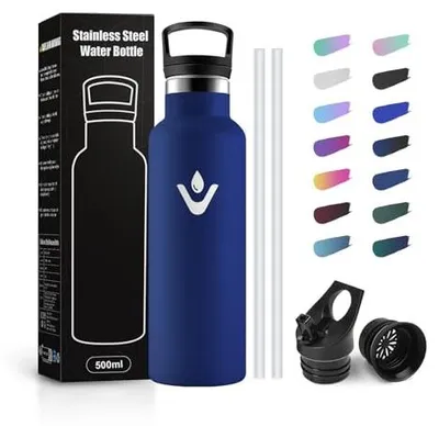 Produktbild von JAPORIA Thermosflasche 500ml mit Strohhalm, Trinkflasche Edelstahl BPA-frei, Trinkflasch Auslaufsicher, Kohlensäure Geeignet, Einhandöffnung, Wasserfl