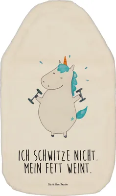 Produktbild von Mr. & Mrs. Panda Wärmflasche Einhorn Fitness - Weiß - Geschenk, Unicorn, Sport, naturkautschuk, mit Bezug, Einhörner, Wärmekissen, Fitnessstudio, Gym, Wärmflaschen
