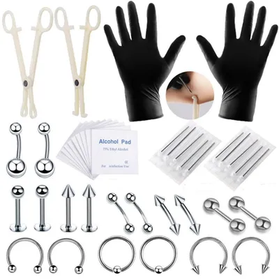 Produktbild von CHUANGOU 42pcs Piercing Kit Surgical Steel Belly Tongue Tragus Nipple Lip Nose E