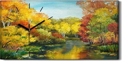 Produktbild von Leinwand Wanduhr Wandkunst Uhr 60x30 Ölgemälde Wald Fluss Bäume Himmel Kunst - schwarze Hände