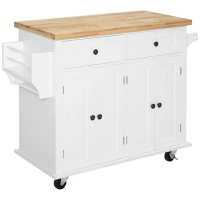 Produktbild von HOMCOM Küchenschrank, Servierwagen, Kücheninsel mit Rollen, Küchenwagen, Küchenregal mit Schublade und verstellbares Regal, Gummiholz, MDF, Spanplatte, Weiß, 111 x 44,5 x 82,5 cm