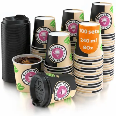 100 Pappbecher 240 ml mit Deckel für Kaffee & Tee