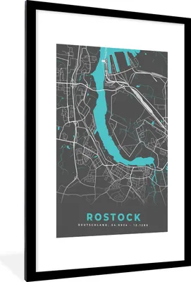 Produktbild von MuchoWow® Gerahmtes Poster Blau - Deutschland - Karte - Rostock 60x90 cm - Poster mit Schwarzem Bilderrahmen Wandposter Rahmen Foto Bilder - Dekoration - Wandposter Wohnzimmer - Hochwertig