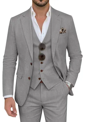 Produktbild von ZKHOECR Herrenanzug, 3-teilig, Leinen, schmale Passform, Blazer, Weste, Hose, Se
