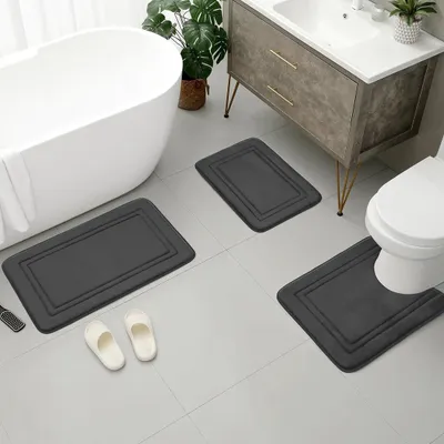 Produktbild von Badematten-Set, 3-teilig Badezimmermatte, U-förmiger Kontur-Toilettenvorleger, rutschfest, saugfähig, maschinenwaschbar, schnell trocknend, Dunkelgrau