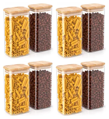 Productafbeelding van Arendo voorraadpotten met bamboe deksel, 8 stuks, 1600 ml per pot, luchtdicht met siliconen afdichting, rechthoekige glazen containers van borosilicaatglas, geschikt voor temperaturen van -40 tot 400 °C, transparant