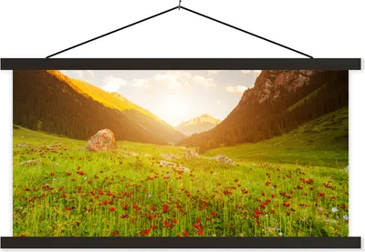 Produktbild von MuchoWow® Textilposter Blumen - Berg - Sonne 120x60 cm mit schwarzem Rahmen - Dekoration Schlafzimmer