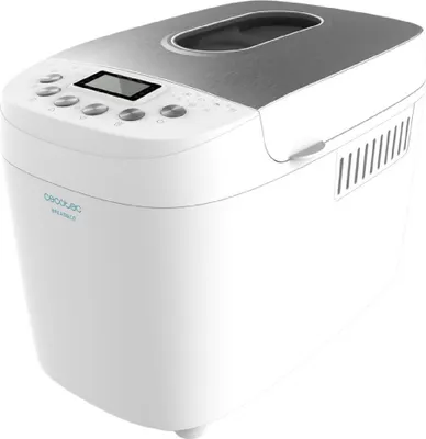 A white bread maker with a gray top is shown from a diagonal angle against a white background.