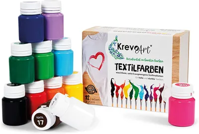 Produktbild von Krevo Art Stoffmalfarben Textilfarben WASCHFEST | Set aus 12 x 20ml Stofffarben in Fläschchen | Zum Bemalen von verschiedenen Textilien