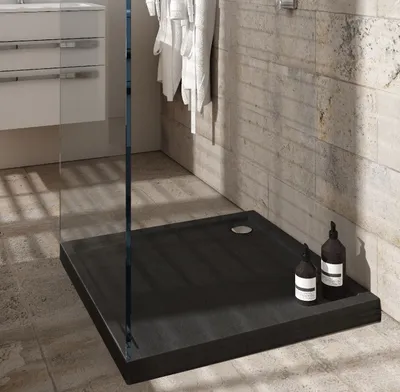 Produktbild von Duschwanne Duschtasse Vireck Competia New Black Stone 90x90 x12 cm schwarz Quadrat Stein Effekt Matt Siphon