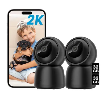 Produktbild von 2X 360° Schwenkbar Überwachungskamera Innen, 2,4GHz / 5GHz WiFi Kamera Indoor für Baby, KI Personenerkennung, Auto-Tracking 32GB Speicher Karte