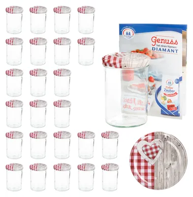 Produktbild von 25er Set Sturzglas 435 ml To 82 Deckel Holz Herz rot incl. Diamant Gelierzauber Rezeptheft