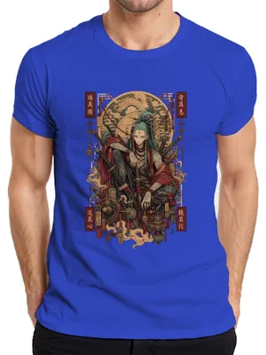 Immagine prodotto di Maglietta da uomo, blu, taglia S, con stampa a tema samurai, ronin, katana, drago, Giappone, guerriero, anime, tatuaggio, stile Y2K, manga