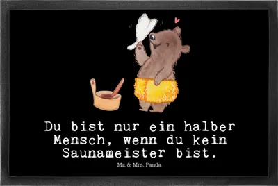 Produktbild von Mr. & Mrs. Panda Schmutzmatte Saunameister Herz 50 x 75 cm - Schwarz - Geschenk, Fussmatte, Türmatte, fußmatte, bodenmatte, Bodenvorleger, Gummimatte