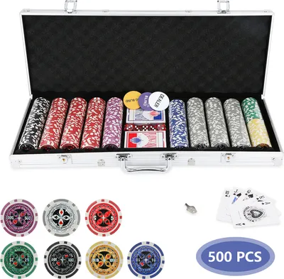 Produktbild von Karpal Pokerset Silber mit Aluminiumkoffer, Laserchips aus PS-Kunststoff (11,5g), 500 Chips, 2 Kartendecks, 5 Würfel, Händler-, Small/Big Blind Buttons, Koffer 59x9x26,5 cm, Chips 40x3,3 mm