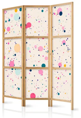 Immagine prodotto di Pannello divisorio giapponese, 3 ante, pieghevole, realizzato in tessuto non tessuto di alta qualità, con motivo a pois colorati, ideale per l'ufficio, dimensioni 135 cm x 172 cm