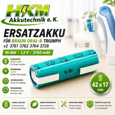 Produktbild von Ersatz Akku für Zahnbürste Braun Oral-B Triumph v2 3761 3762 3764 3728 42 x 17mm