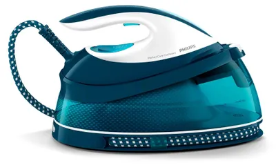 Produktbild von Philips PerfectCare Dampfbügelstation, Keramikbügelsohle, 120 g/min, 6.5 bar, 2400 W, Blau (GC7844/20)