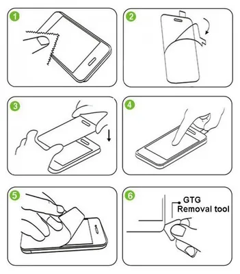 A series of diagrams illustrating the steps for applying a screen protector to a smartphone.