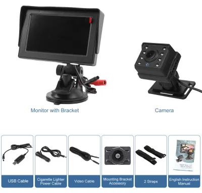 Imagen del producto de Cámara para coche con monitor de 4,3 pulgadas, resolución 1080P, diseñada para la parte trasera del asiento, con visión nocturna, rotación de 360°, amplio ángulo de visión y conexión USB para mayor seguridad