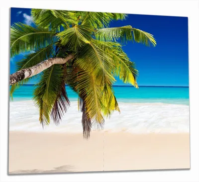 Produktbild von Wallario Herdabdeckplatte aus Glas, Größe 60 x 52 cm 2-teilig, Motiv Südseestrand in der Karibik mit Palme