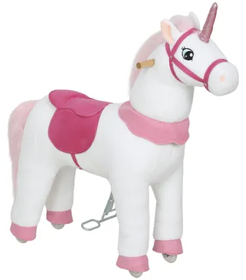 Produktbild von Reitpferd für Kinder, Einhorn-Design, Stoffbezug, stabiler Rahmen, sanfte Räder, Schaukelpferd, 3-5 Jahre, Weiß