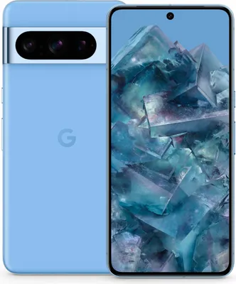 A light blue Google Pixel 8 Pro smartphone is shown from the back and front, displaying its camera array and screen.