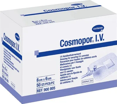 A product box for Cosmopor I.V. dressing.