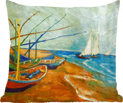 Produktbild von MuchoWow® Zierkissen Sofakissen Wohnzimmer Dekokissen 60x60 cm Fischerboote am Strand - Gemälde von Vincent van Gogh - Sitzfläche - Foto Polster