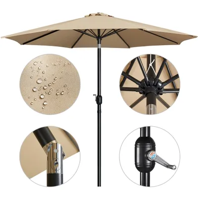 A collage of close-up images showing details of a beige patio umbrella, including its fabric texture with water droplets, the umbrella's internal structure, a joint mechanism, and a crank mechanism.