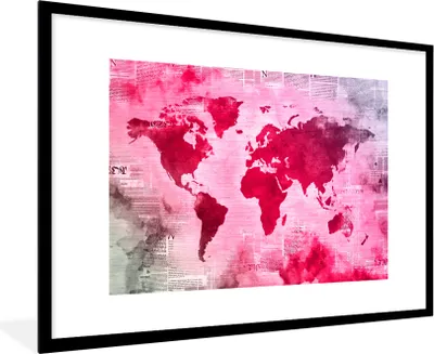 Produktbild von MuchoWow® MuchoWow® Gerahmtes Poster Weltkarte - Rot - Zeitung 90x60 cm - Poster mit zchwarzem Bilderrahmen - Wanddekoration - Fotos