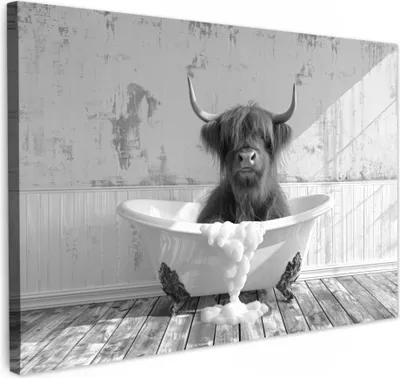 Produktbild von MuchoWow® - Leinwandbilder - Scottish Highlander - Tier - Badewanne - Schwarz - Weiß, Wandbild, Wanddeko Bilder Wohnzimmer, 120x80 cm