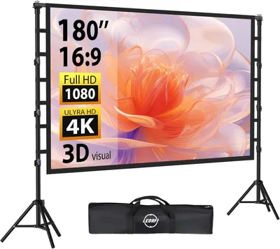 Obrázek produktu pro 180palcový venkovní projektorový plátno se stativem: přenosné projekční plátno formátu 16:9, 4K HD, vhodné pro použití v interiéru i exteriéru, s přepravní taškou a nastavitelnou výškou