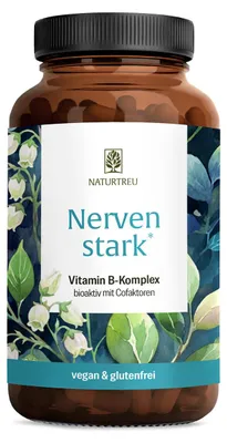 Produktbild von Vitamin B Komplex hochdosiert - Alle 8 B Vitamine mit 3 Cofaktoren - NERVENSTARK - 120 vegane Kapseln - NATURTREU®