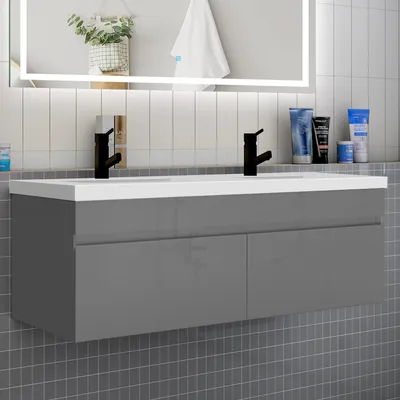Produktbild von Badmöbel HUTI-Serie 120cm Hochglanz Dunkelgrau Mineralguss Waschtisch mit Unterschrank Hängeschrank Badezimmermöbel mit 2 Türen