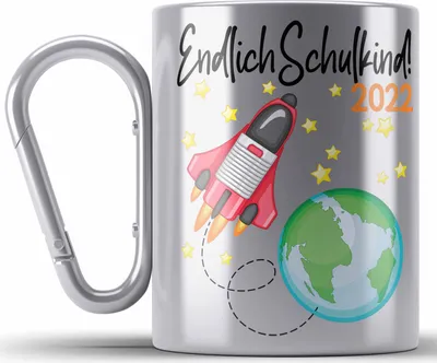 Produktbild von Trendation - Endlich Schulkind 2022 Einschulung Junge Mädchen Geschenk Schultüte Füllung Edelstahl Tasse Karabiner Schulstart 1. Schultag Schuleinführung Schulanfang Geschenkidee (Silber)