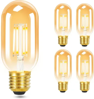 A group of five vintage-style LED light bulbs with amber glass and gold bases are displayed against a white background. One bulb is larger and positioned to the left, while four smaller bulbs are arranged to the right.