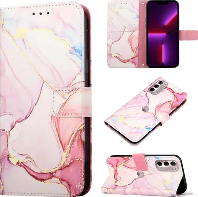 Produktbild von Moto G Stylus 4G 2022 Hülle, Marmor Motiv Kunstleder Tasche Wallet Kartenfächer mit Standfunktion Klapp Schutzhülle für Motorola Moto G Stylus 4G 2022 Pink Weiß