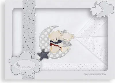 Produktbild von Interbaby - 3 Stk. Bettwäsche Set Für Wiege - (Spannbettlaken 85X55X9 + Laken 106X82 + Kissens Bezug 50X30) 100% Baumwolle - Mod. Osito Amoroso - Weiss/Grau