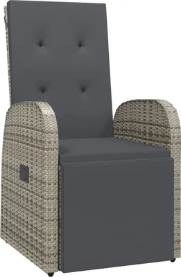 A single outdoor recliner chair with a gray cushion, shown from the front.