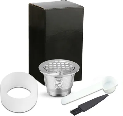 Produktbild von Kompatibel mit Nespresso Edelstahl Kaffeekapsel Wiederverwendbarer nachfuellbarer Kaffeekapselbecherfilter mit Buerstenloeffel Pulverpressring
