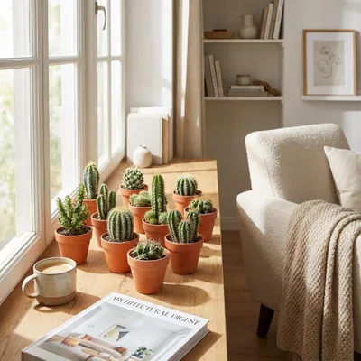 Image de Assortiment de mini-cactus - 6 pièces - Ø 8,1 cm - Hauteur : 5-10 cm - Pots en terre cuite