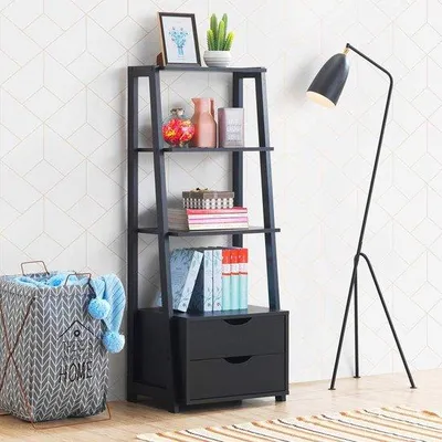 Produktbild von Famanu Bücherregal Leiterregal, 4 Ebenen, modernes Holzregal mit Schubladen, Aufbewahrungsorganisator, schwarz