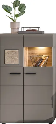 Produktbild von Vitrinenschrank FARO-36 in basalt mit Absetzungen in Eiche Hirnholz Nb. und Beleuchtung, B/H/T: ca. 80/139/37 cm